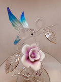 Hummingbird with Rose Vine Glass Figurine Handcrafted Crystal Bird Sculpture