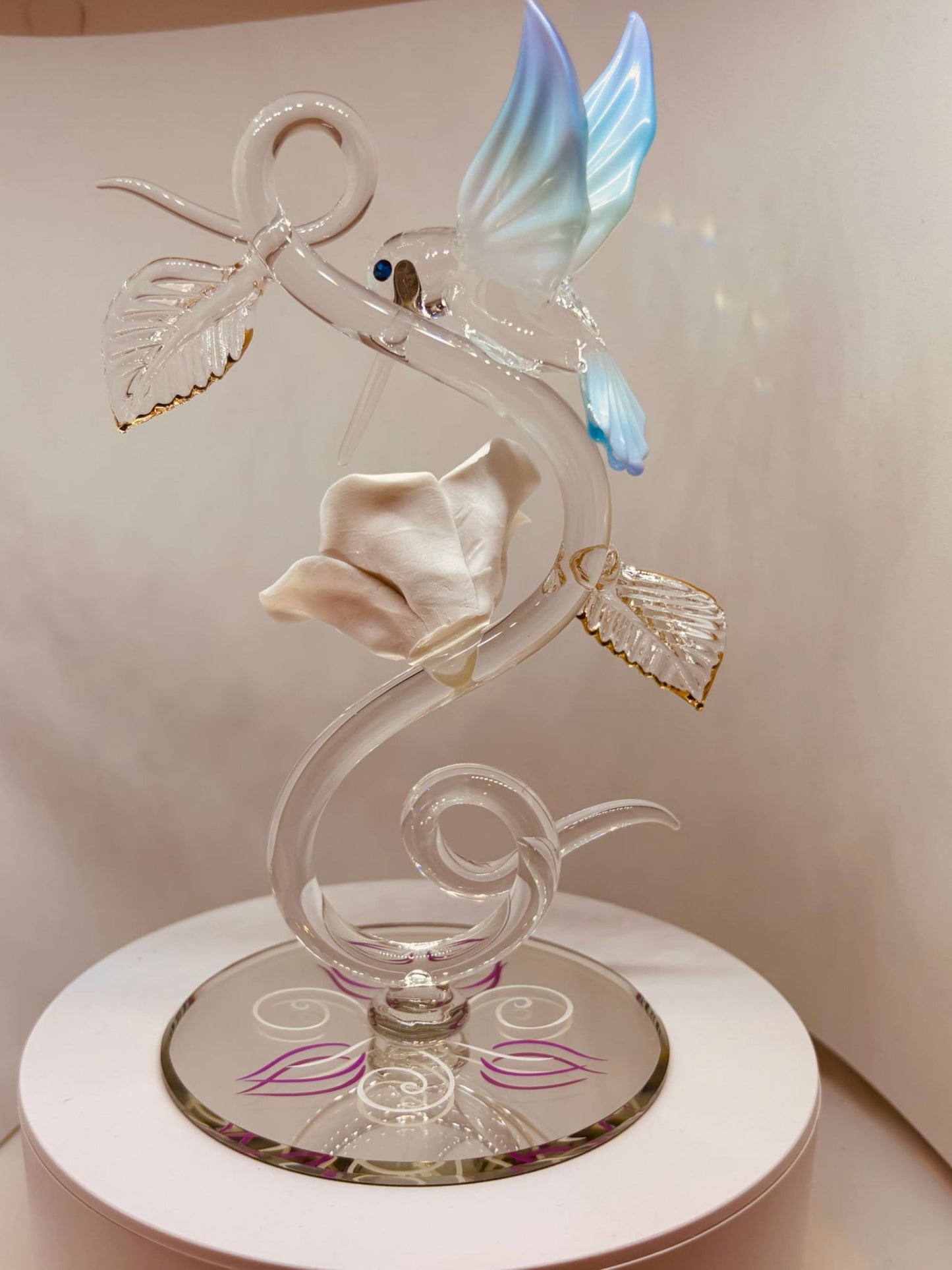 Hummingbird with Rose Vine Glass Figurine Handcrafted Hummingbird Rose Glass Decor