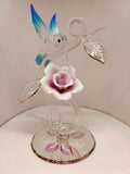 Hummingbird with Rose Vine Glass Figurine Handcrafted Crystal Bird Sculpture