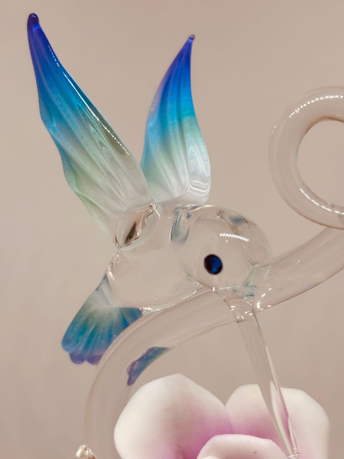 Hummingbird with Rose Vine Glass Figurine Handcrafted Hummingbird Rose Glass Decor