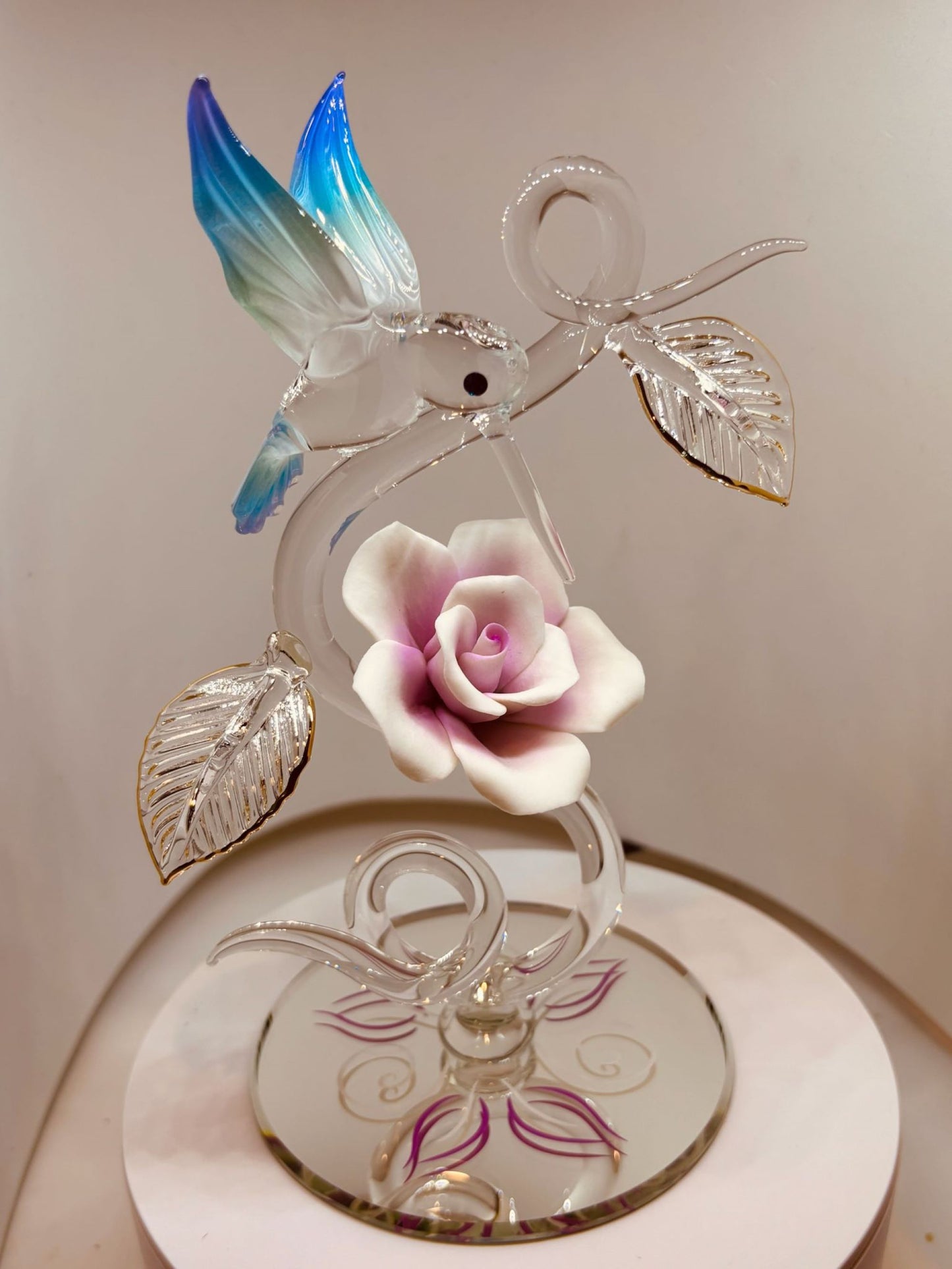 Hummingbird with Rose Vine Glass Figurine Handcrafted Hummingbird Rose Glass Decor