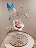 Hummingbird with Rose Vine Glass Figurine Handcrafted Crystal Bird Sculpture