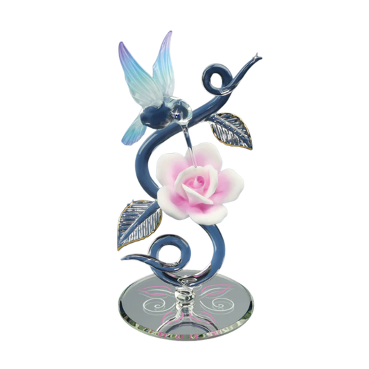 Glass hummingbird figurine above pink rose vine on beveled mirror base with crystal accents