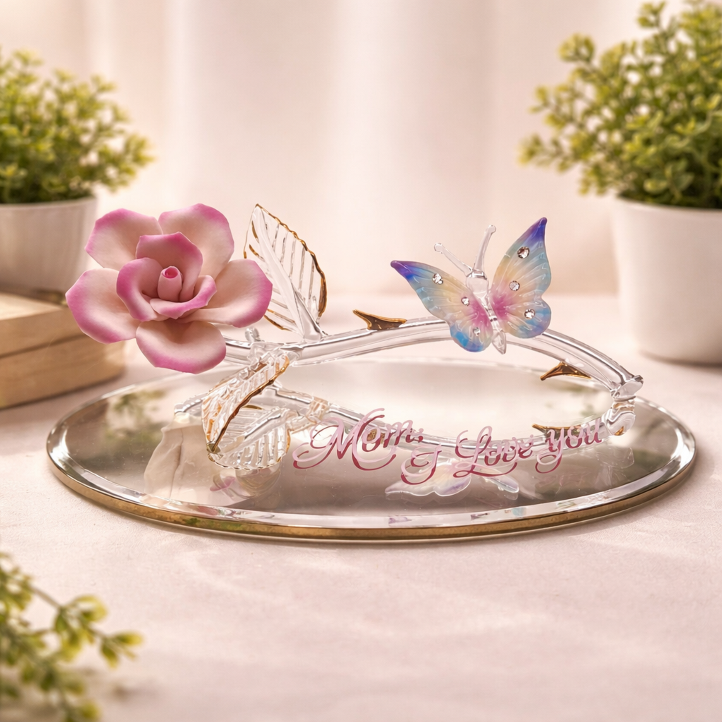 mom butterfly rose figurine pink porcelain flower glass base mothers day gift i love you decor