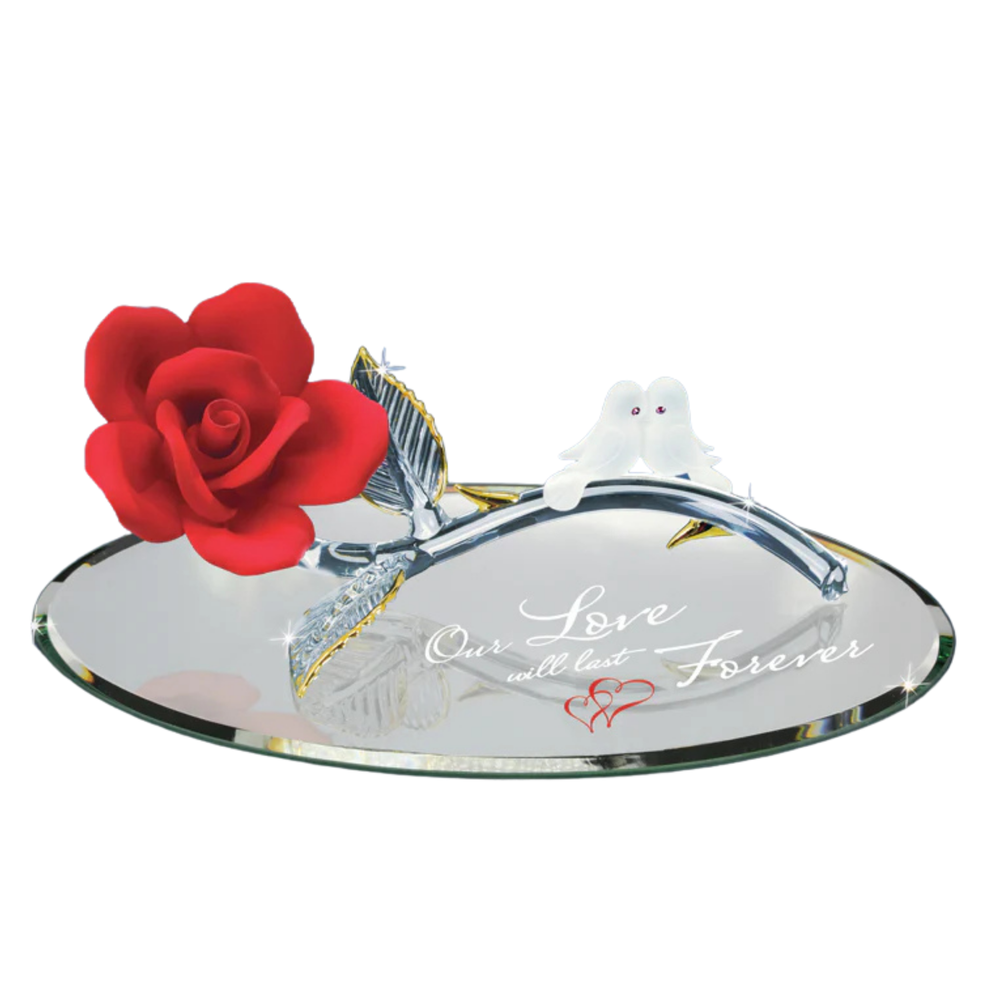 glass love birds figurine with red rose on mirror base romantic anniversary gift for couple our love will last forever