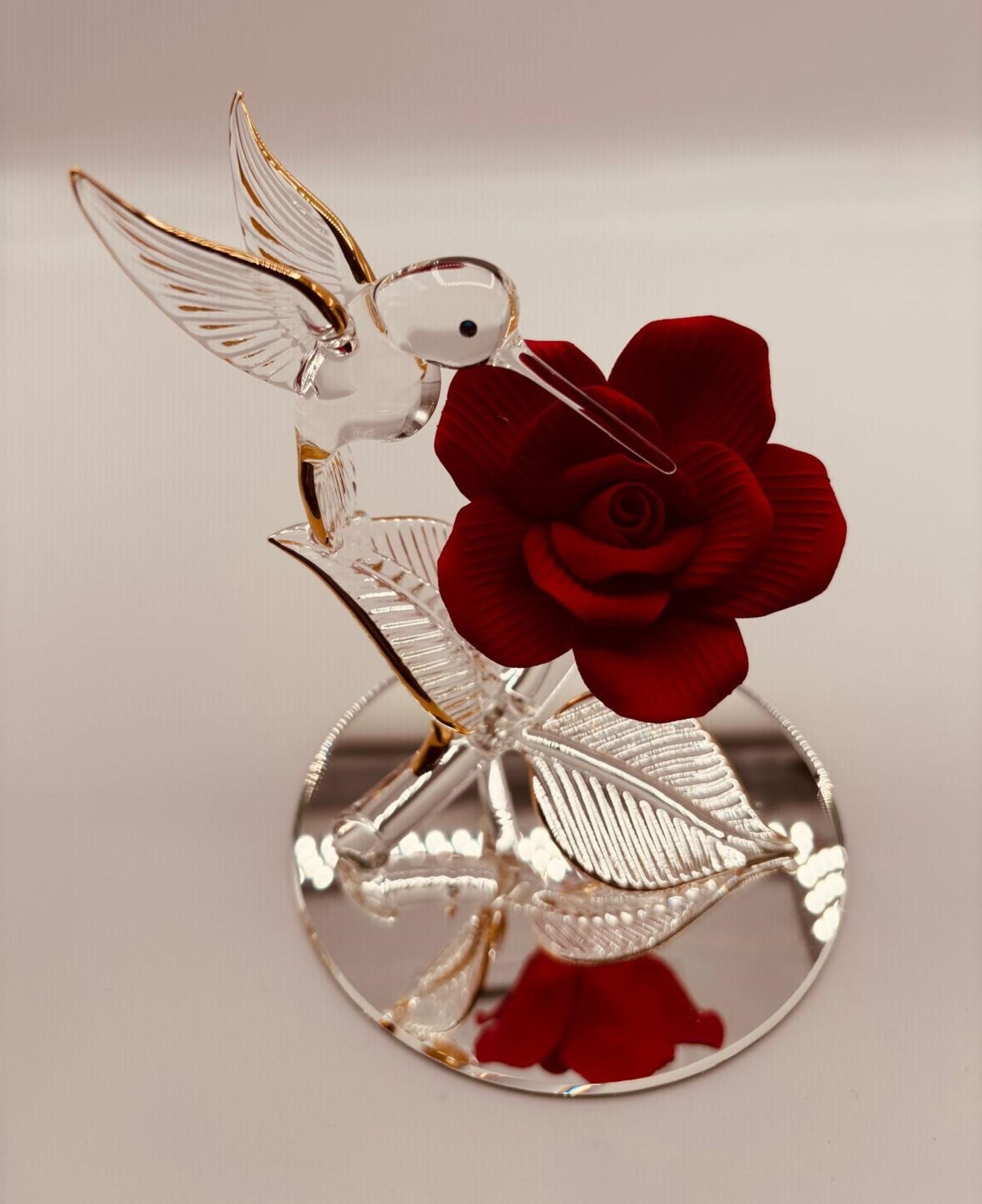 Hummingbird with Red Rose Glass Figurine Handcrafted Gift Decor