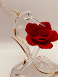 Hummingbird with Red Rose Glass Figurine Handcrafted Gift Decor