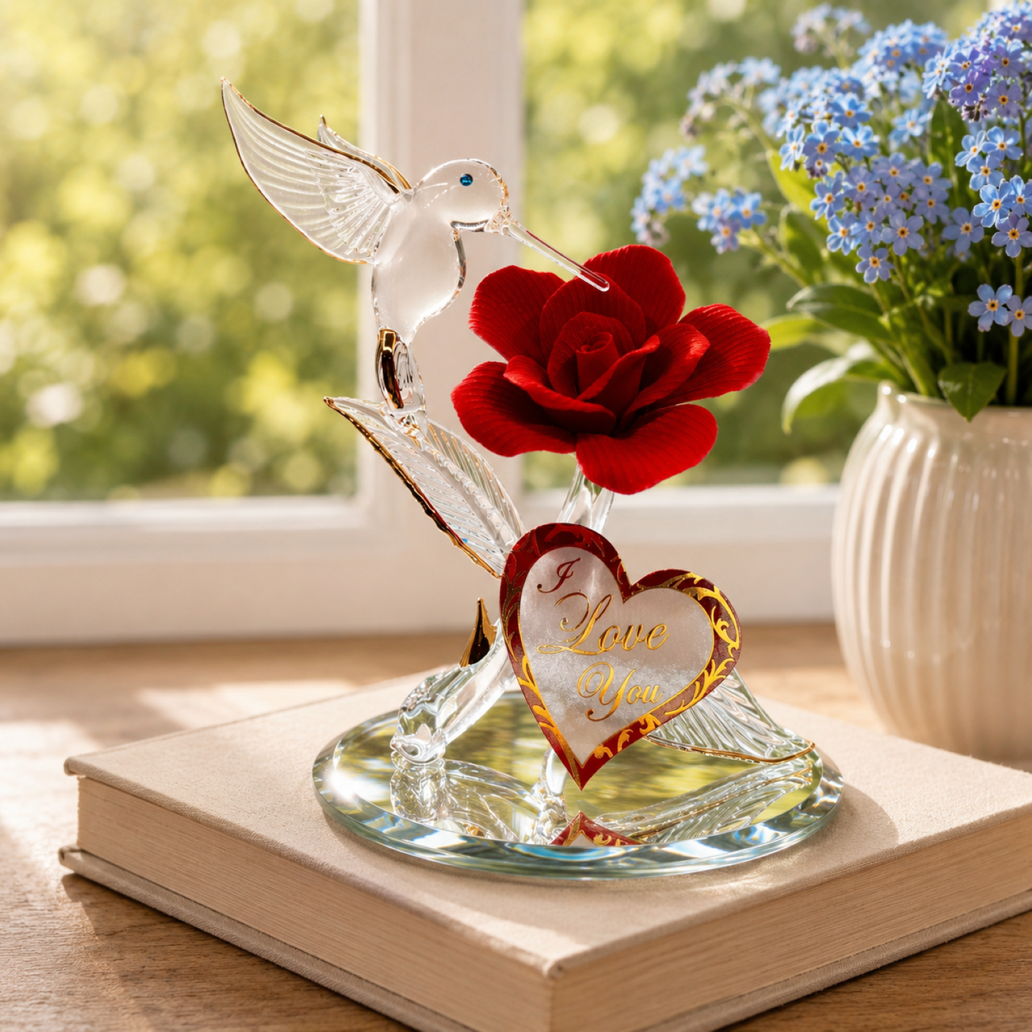 Hummingbird on Red Rose Figurine Handcrafted I Love You Gift | Glass Romantic Décor