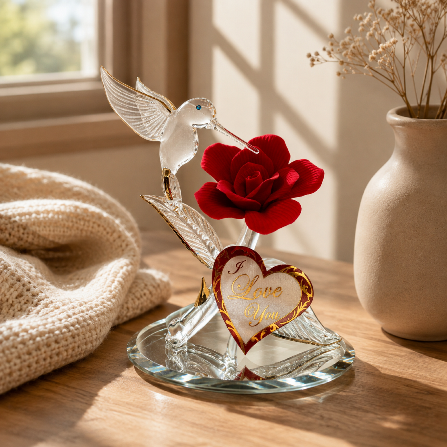 Hummingbird on Red Rose Figurine Handcrafted I Love You Gift | Glass Romantic Décor