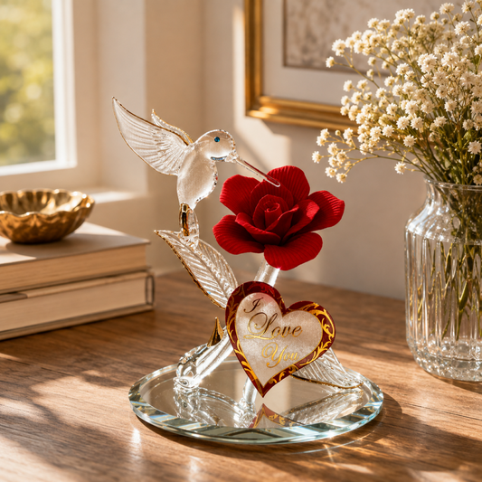 Hummingbird on Red Rose Figurine Handcrafted I Love You Gift | Glass Romantic Décor