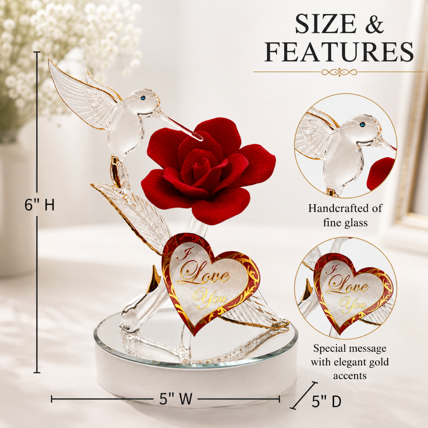 Hummingbird on Red Rose Figurine Handcrafted I Love You Gift | Glass Romantic Décor