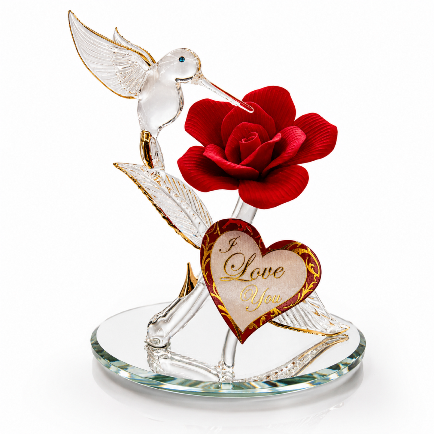 Hummingbird on Red Rose Figurine Handcrafted I Love You Gift | Glass Romantic Décor