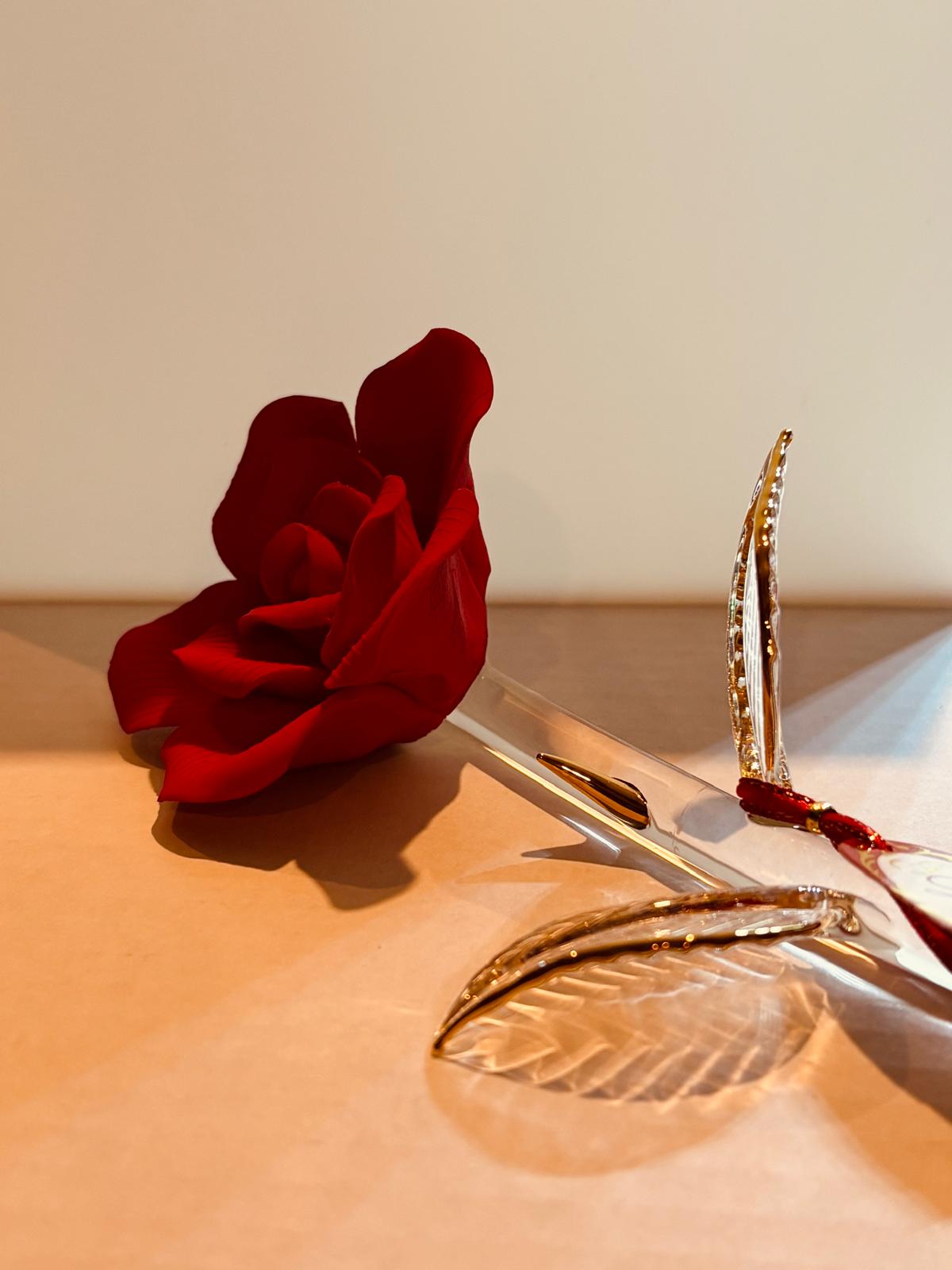 Long Stem Red Rose Glass Figurine with “I Love You” Message Handcrafted Gift