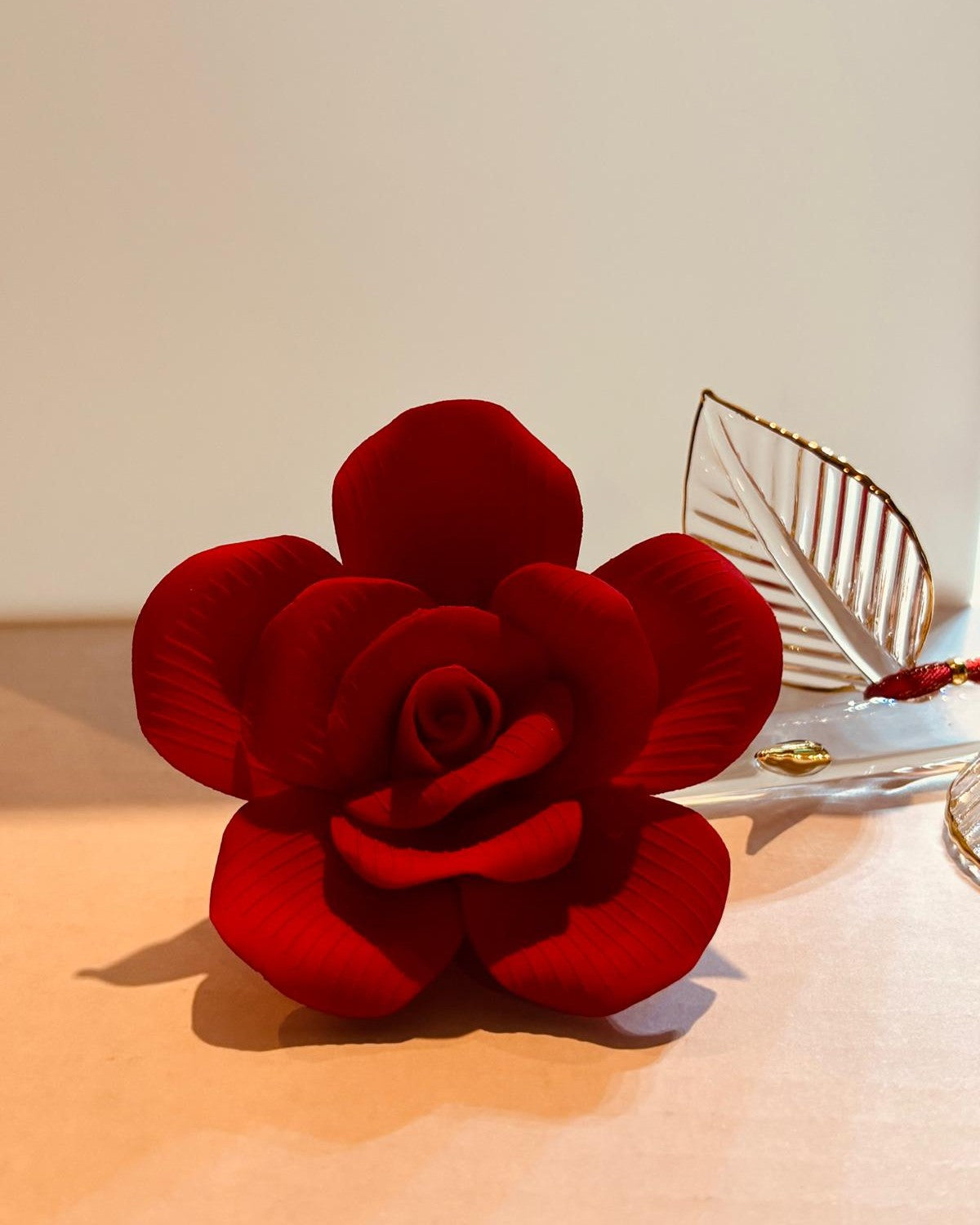 Porcelain Red Rose, Long Stem Rose Figurine, Rose Flower Decor, Romantic Gift
