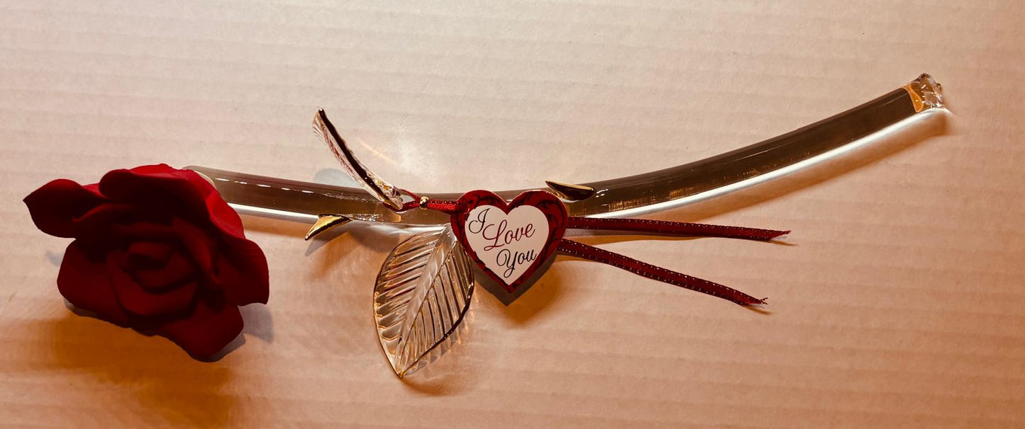 Long Stem Red Rose Glass Figurine with “I Love You” Message Handcrafted Gift