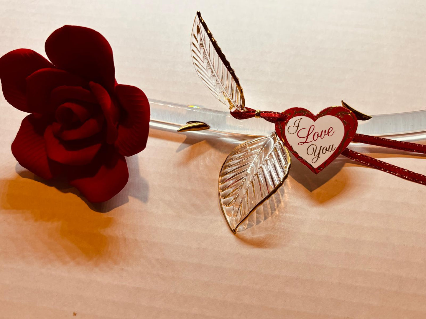 Long Stem Red Rose Glass Figurine with “I Love You” Message Handcrafted Gift
