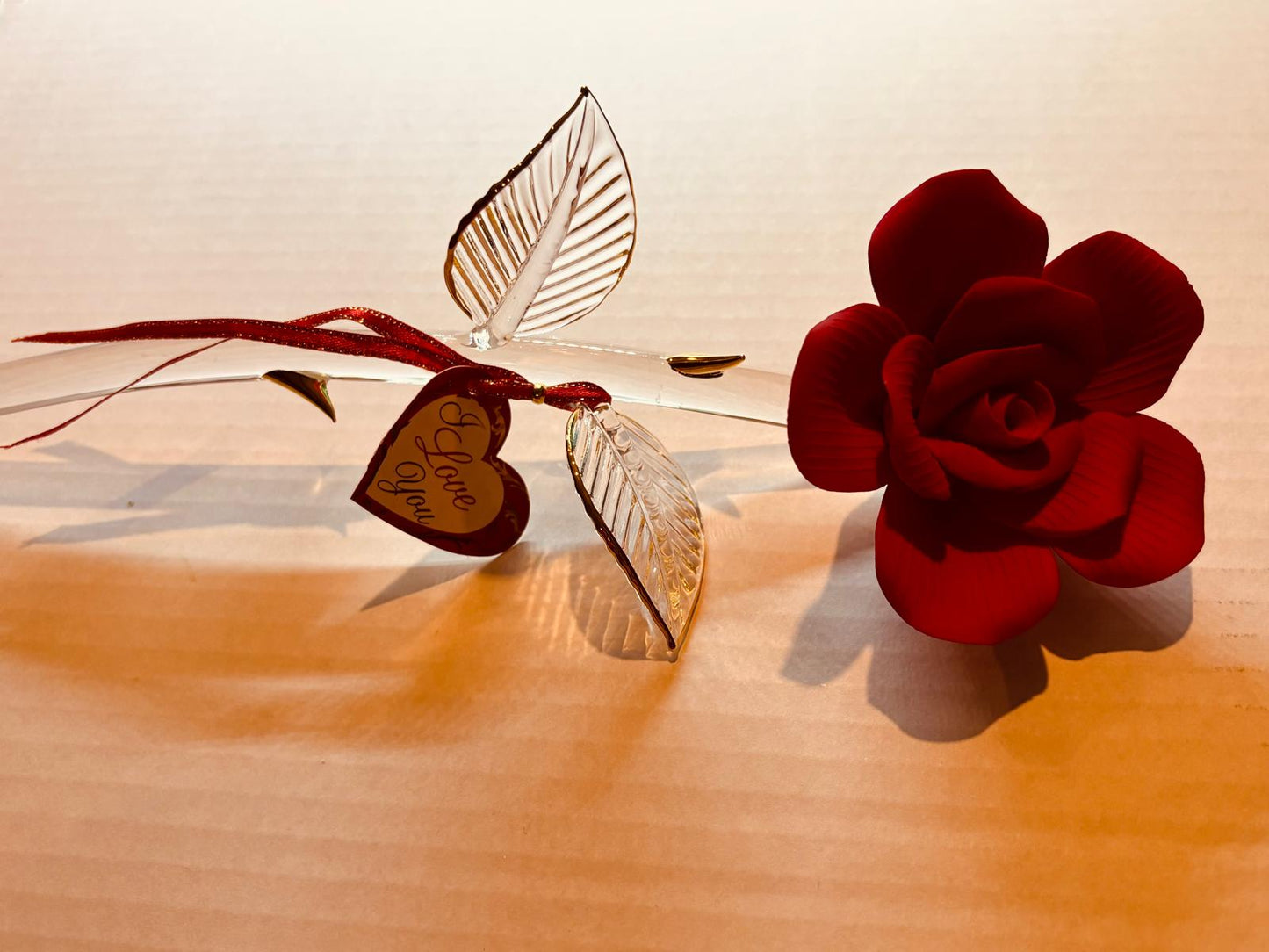 Long Stem Red Rose Glass Figurine with “I Love You” Message Handcrafted Gift