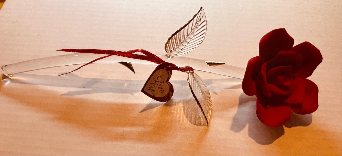 Long Stem Red Rose Glass Figurine with “I Love You” Message Handcrafted Gift
