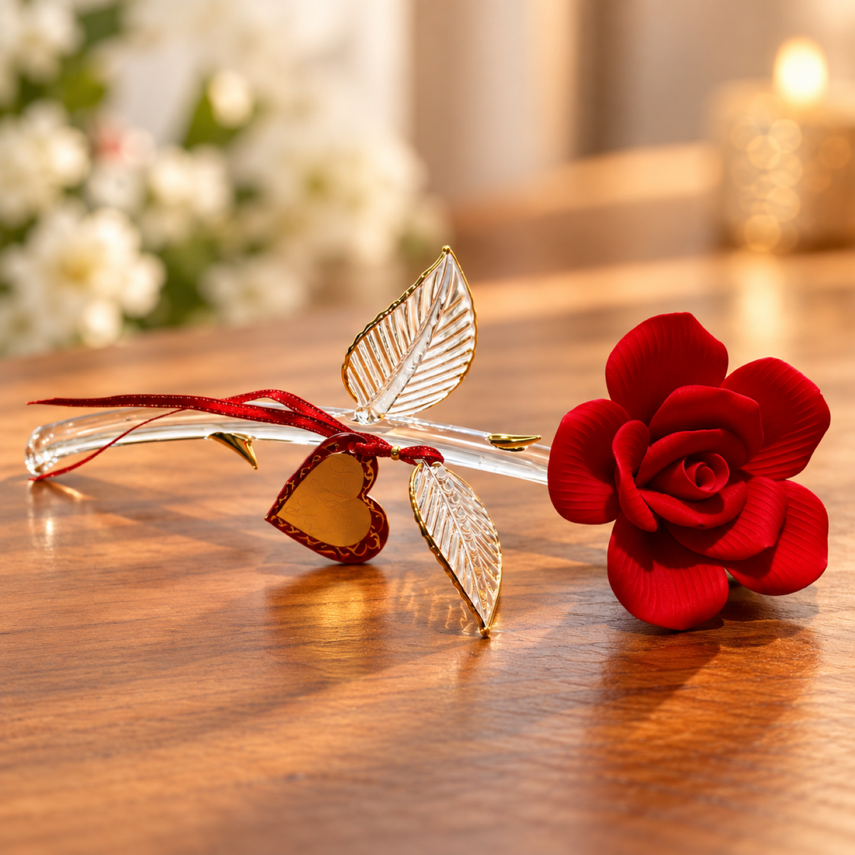 Handcrafted red porcelain long stem rose figurine with layered petals and extended stem