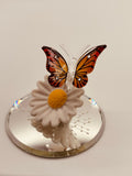Butterfly on Daisy Glass Figurine | Handcrafted Nature Decor with Crystal Accents
