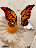 Butterfly on Daisy Glass Figurine | Handcrafted Nature Decor with Crystal Accents