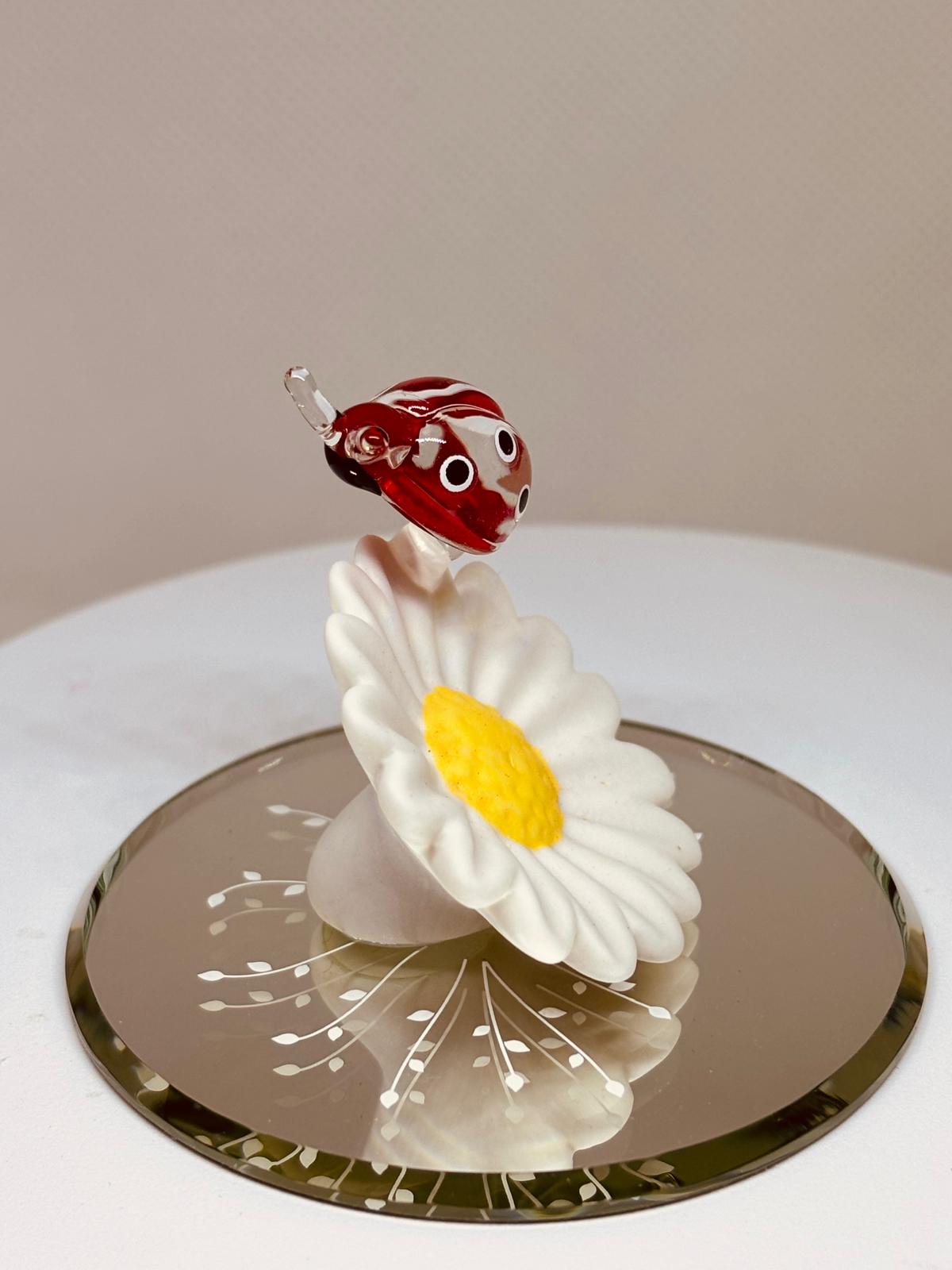 Glass Ladybug Figurine on Daisy | Handcrafted Nature Garden Decor Gift
