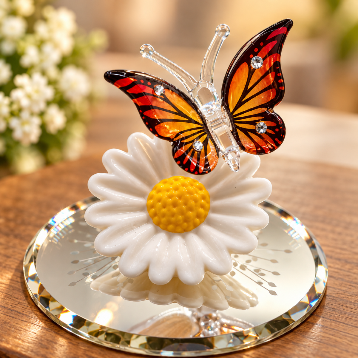 Handcrafted orange and black glass butterfly figurine on a white daisy with Genuine Crystals on a beveled glass mirror