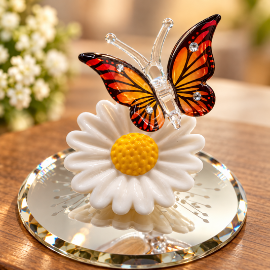 Handcrafted orange and black glass butterfly figurine on a white daisy with Genuine Crystals on a beveled glass mirror