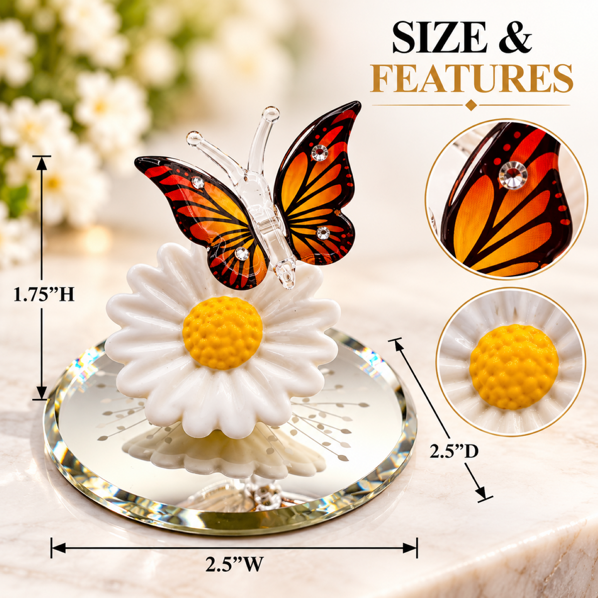 Glass Butterfly Figurine on Daisy, Butterfly Decor, Flower Lover Gift