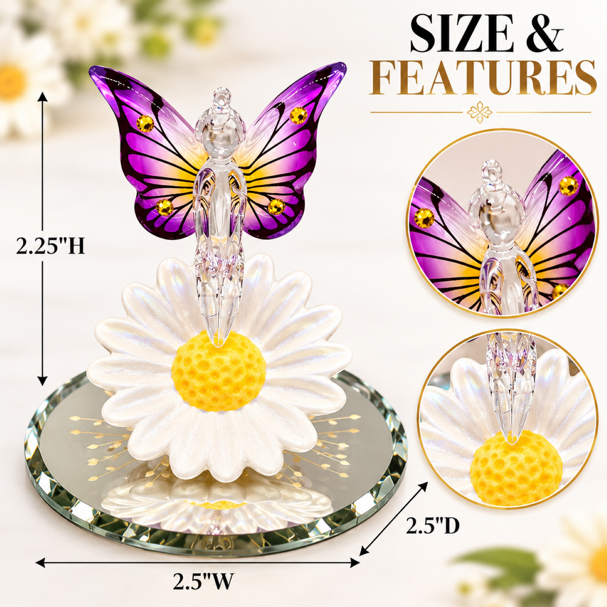 Glass Fairy Figurine on Daisy, Fairy Garden Decor, Fairy Lover Gift