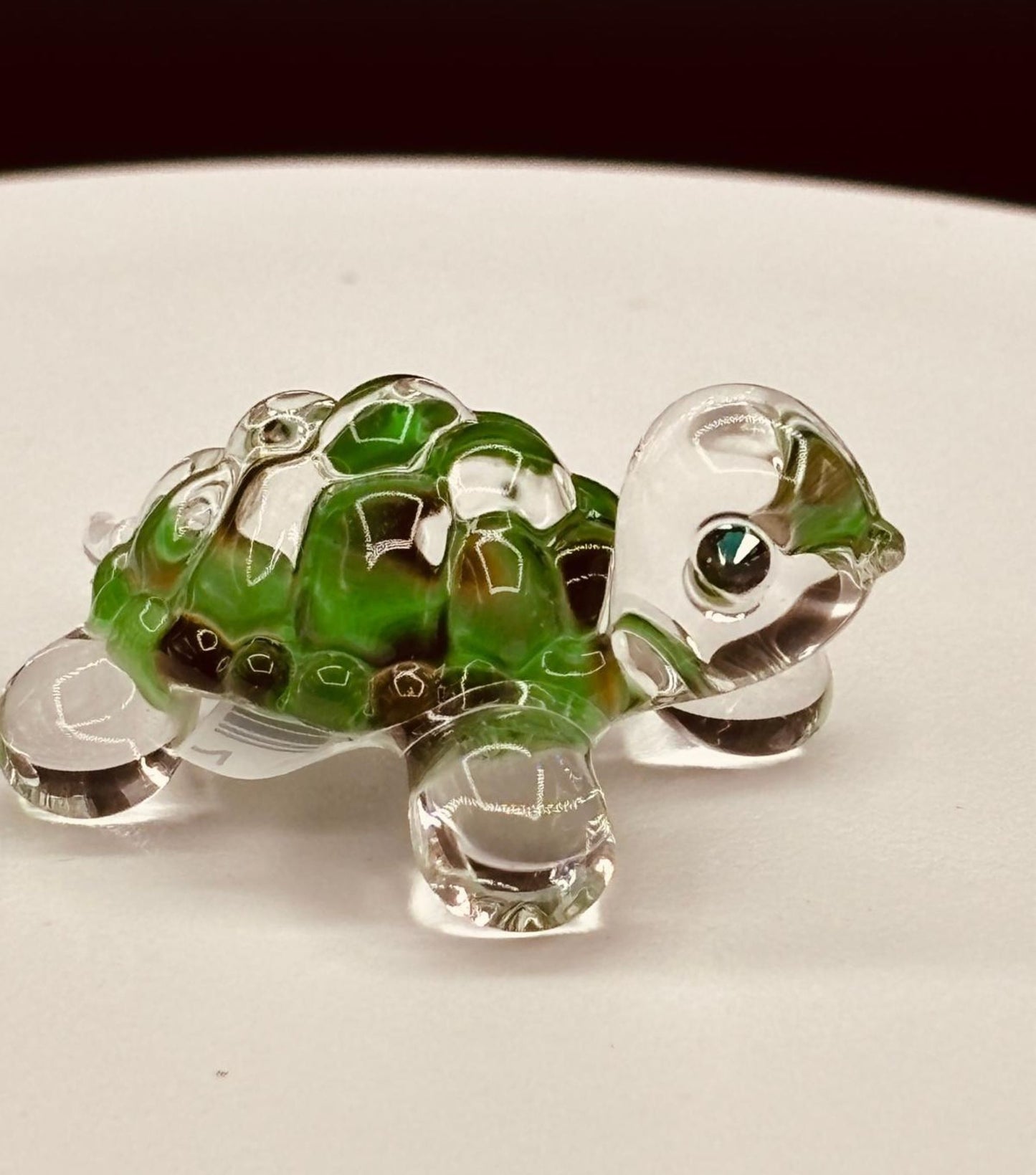 Green Turtle Figurine Handcrafted Glass Sea Turtle with Crystal Eyes