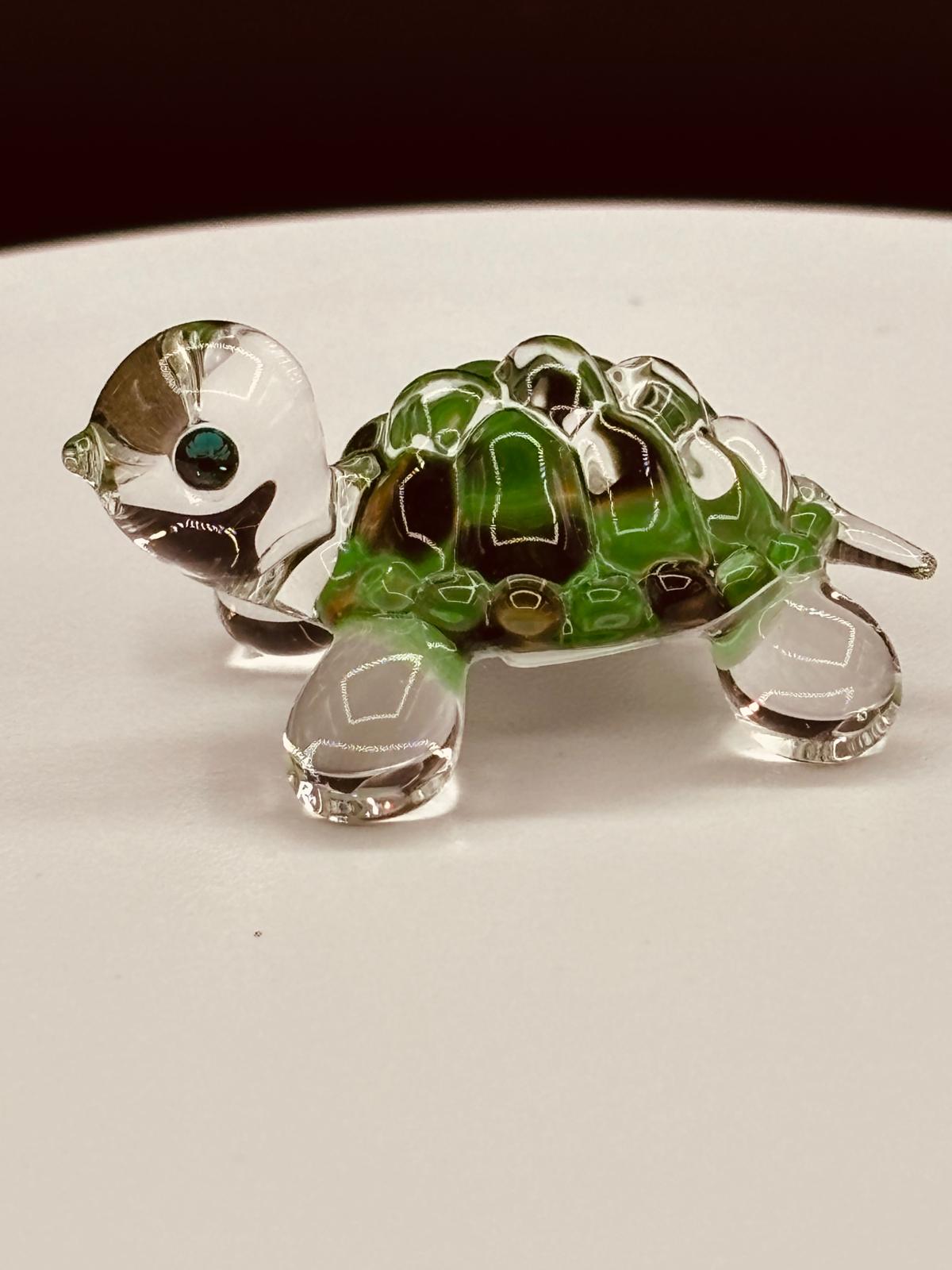 Green Turtle Figurine Handcrafted Glass Sea Turtle with Crystal Eyes