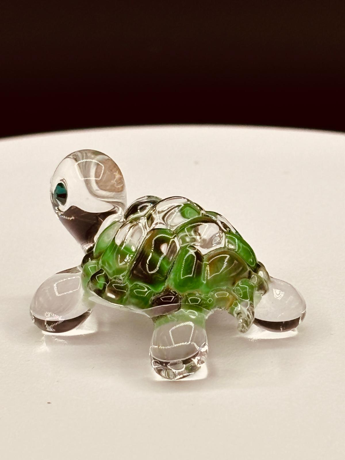 Green Turtle Figurine Handcrafted Glass Sea Turtle with Crystal Eyes