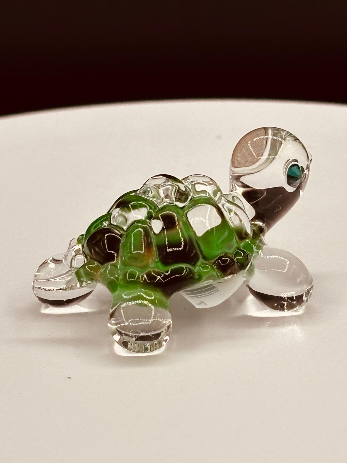 Green Turtle Figurine Handcrafted Glass Sea Turtle with Crystal Eyes