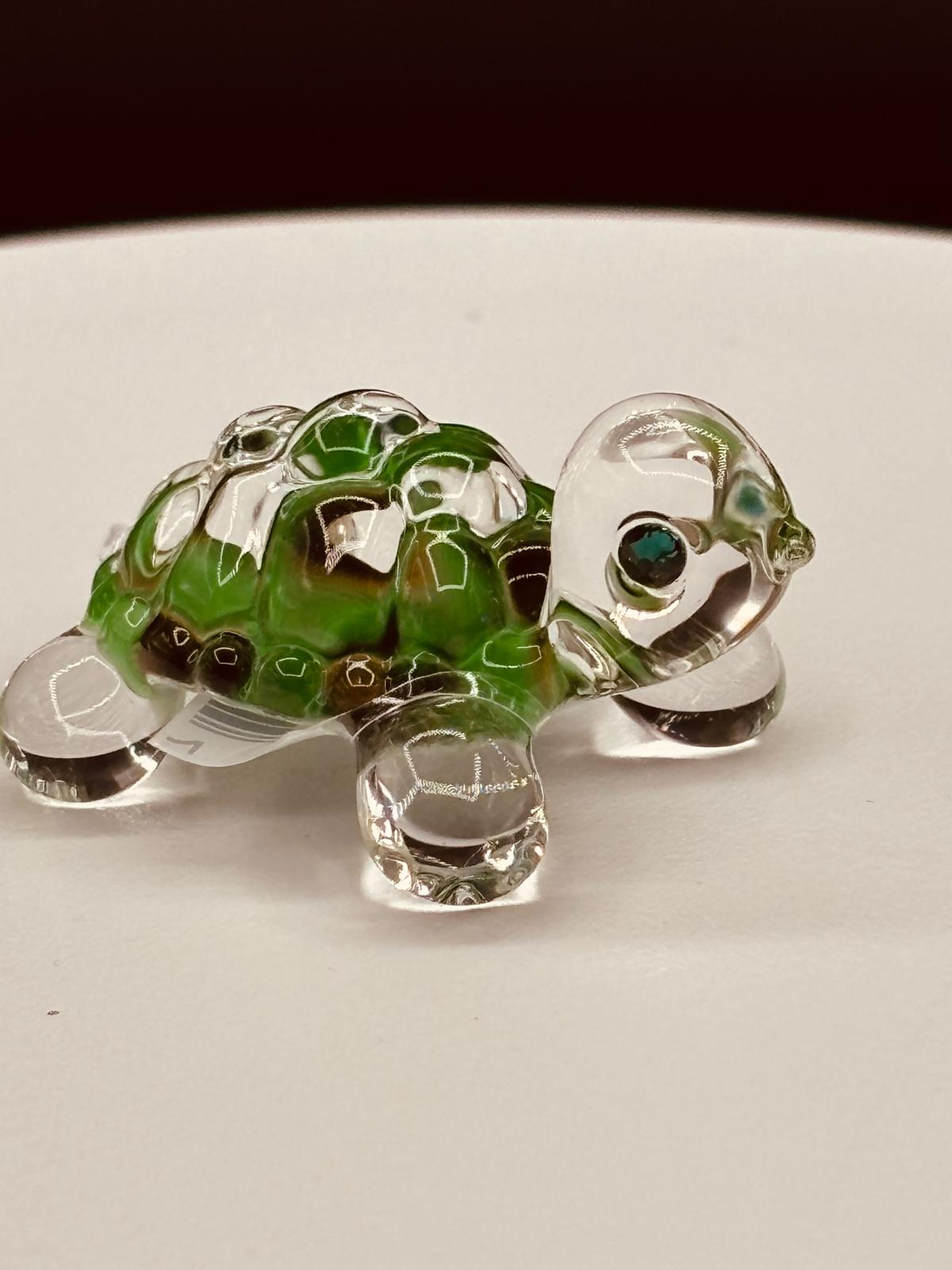 Green Turtle Figurine Handcrafted Glass Sea Turtle with Crystal Eyes