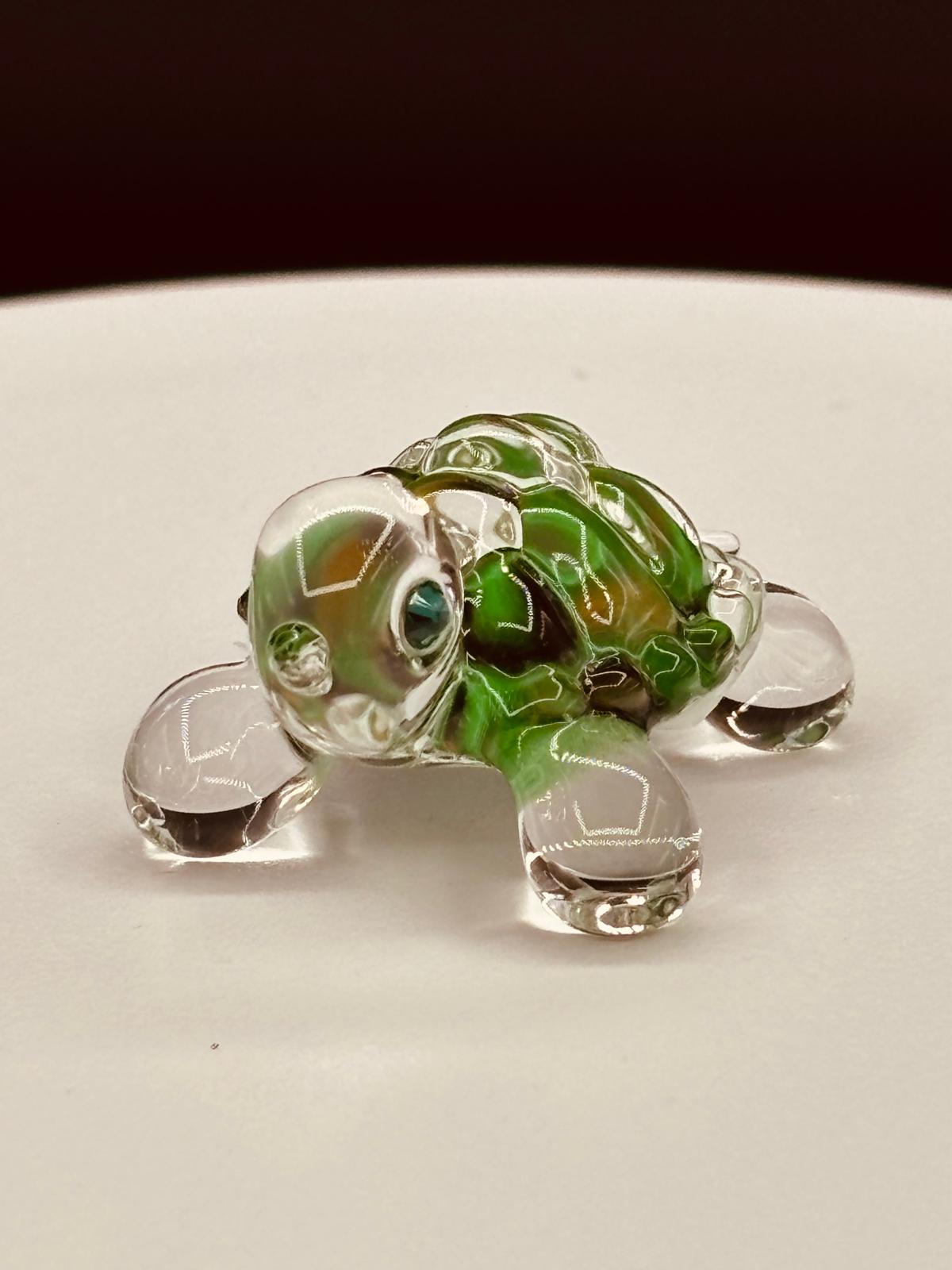 Green Turtle Figurine Handcrafted Glass Sea Turtle with Crystal Eyes