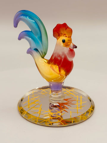 Handcrafted colorful glass rooster figurine with crystal and 22Kt gold accents