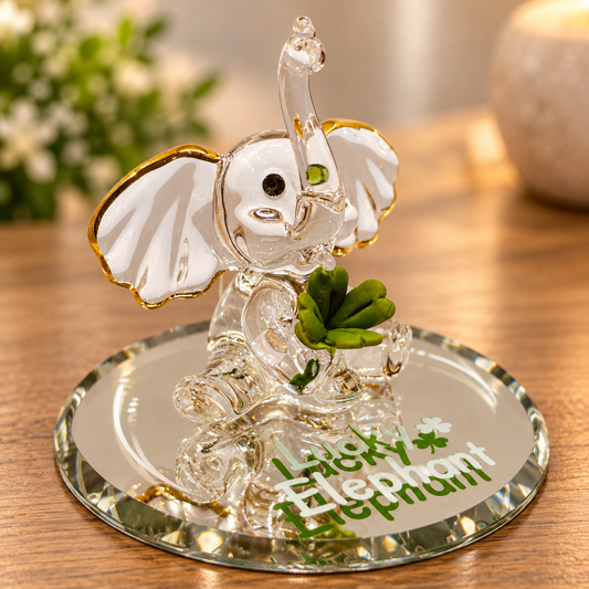 Handcrafted glass Lucky Elephant figurine with green crystal eyes, Genuine Crystal accents and Real 22Kt Gold on glass mirror