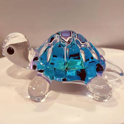Blue Turtle Figurine Handcrafted Glass with Crystals Gift Decor