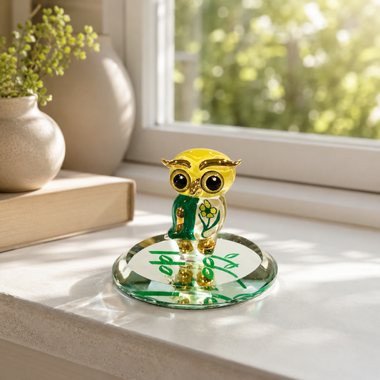 Handcrafted miniature glass spring owl figurine with yellow head, green floral design, Real 22Kt Gold accents, displayed on a decorative beveled glass mirror.