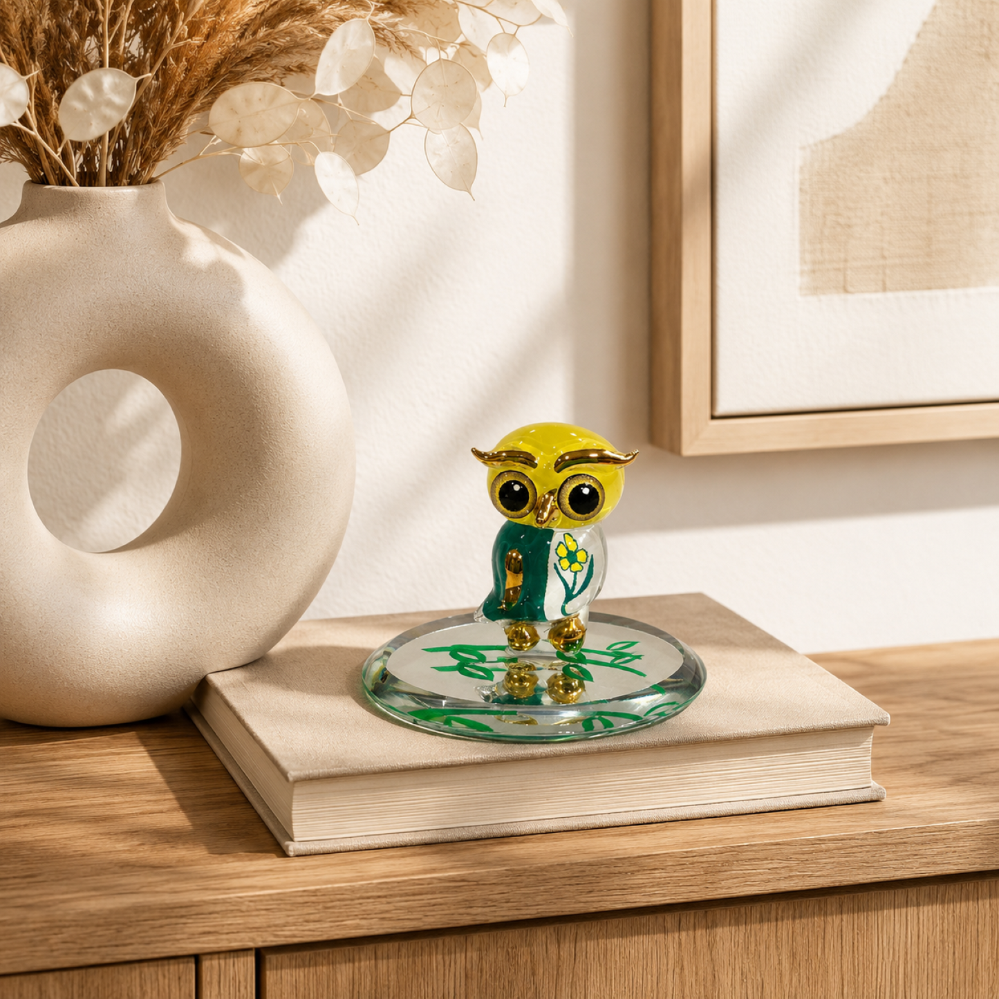 Handcrafted Glass Spring Owl Figurine – Owl Collectible, Bird Lover Gift, Mini Owl Decor