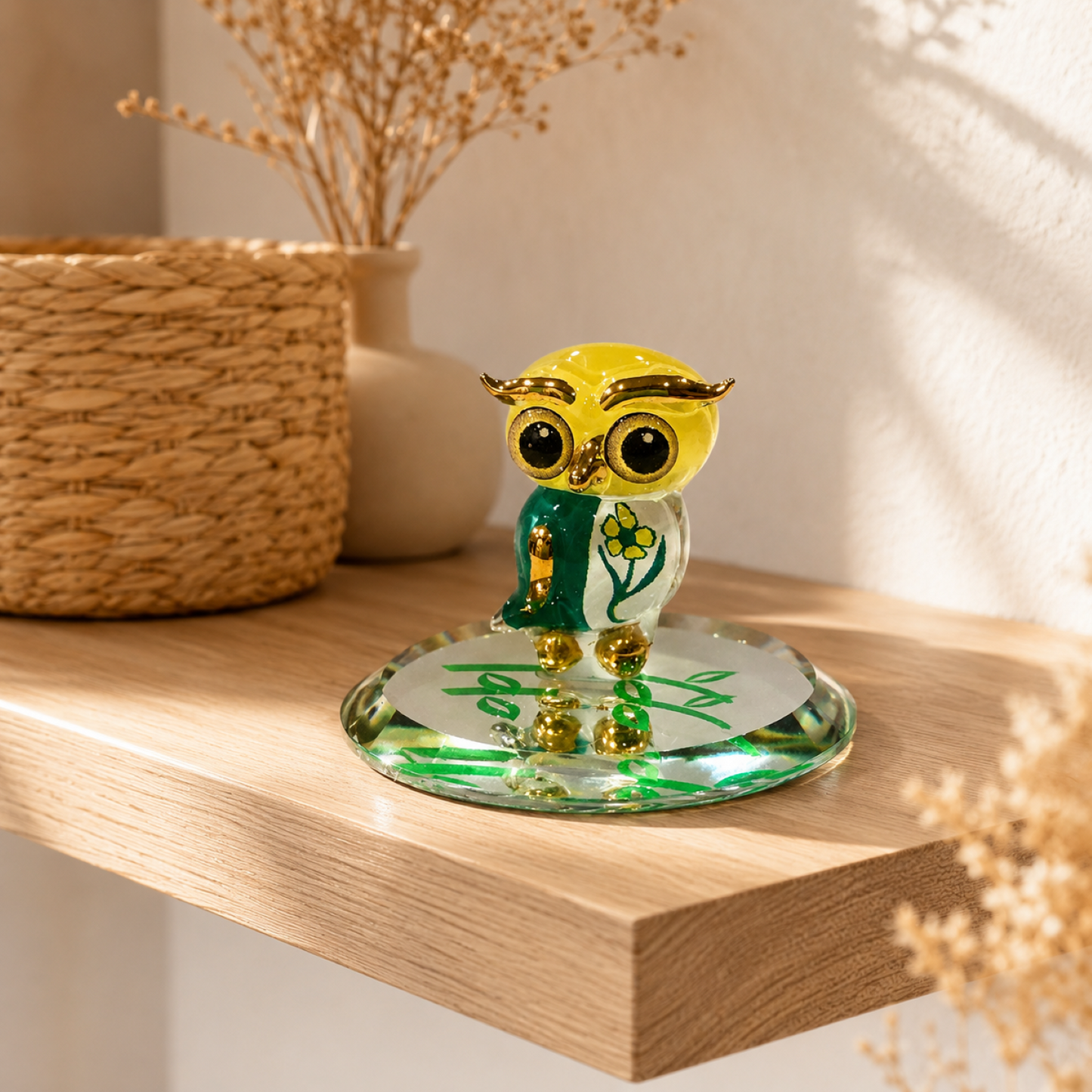 Handcrafted Glass Spring Owl Figurine – Owl Collectible, Bird Lover Gift, Mini Owl Decor