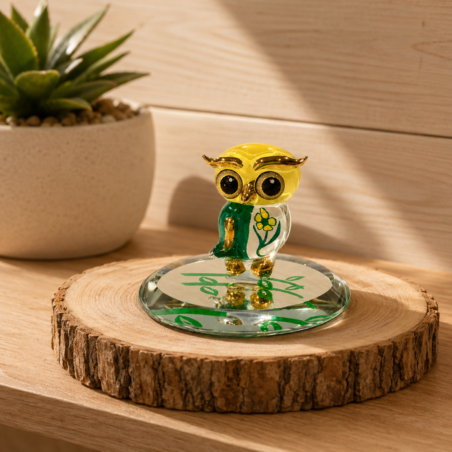 Handcrafted Glass Spring Owl Figurine – Owl Collectible, Bird Lover Gift, Mini Owl Decor
