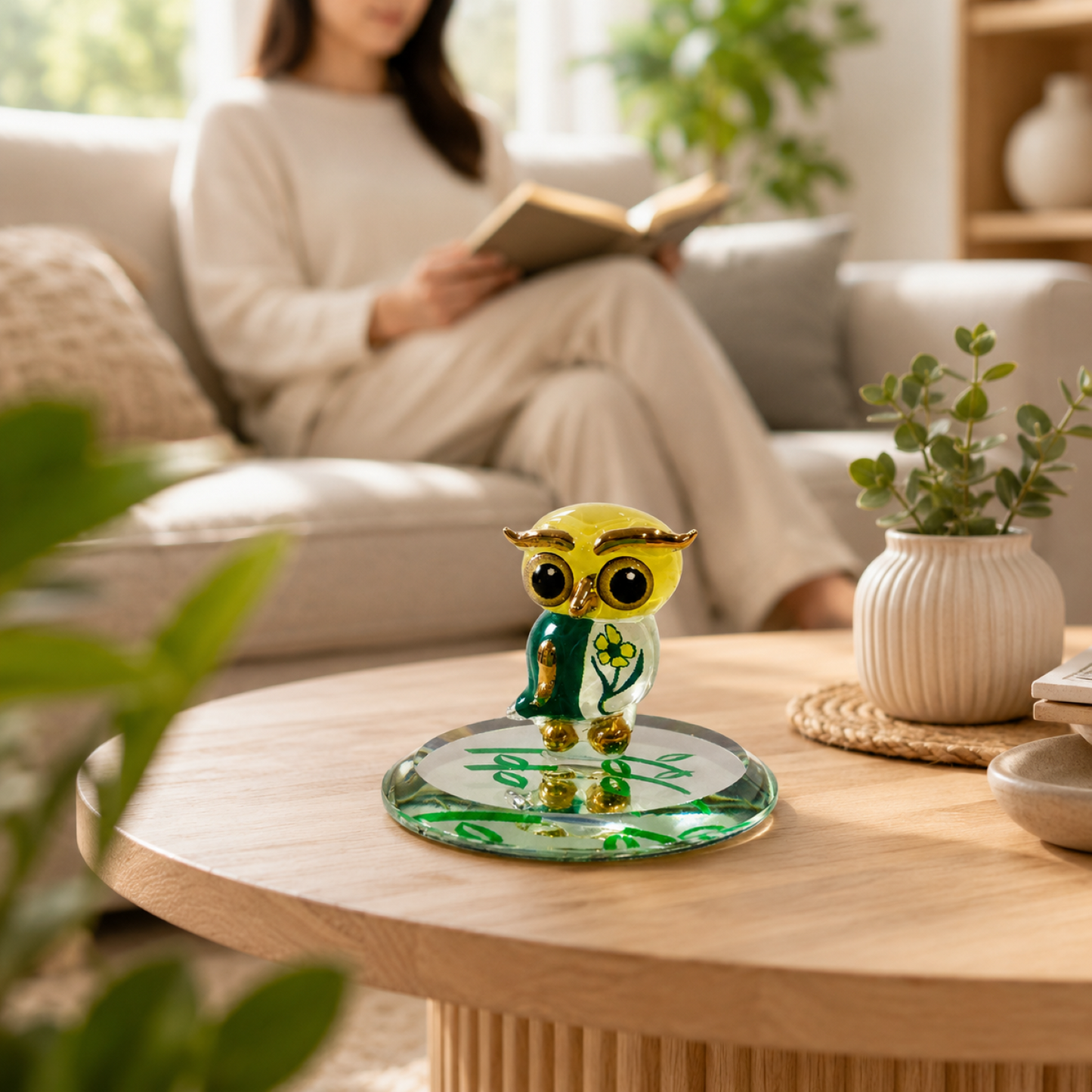 Handcrafted Glass Spring Owl Figurine – Owl Collectible, Bird Lover Gift, Mini Owl Decor