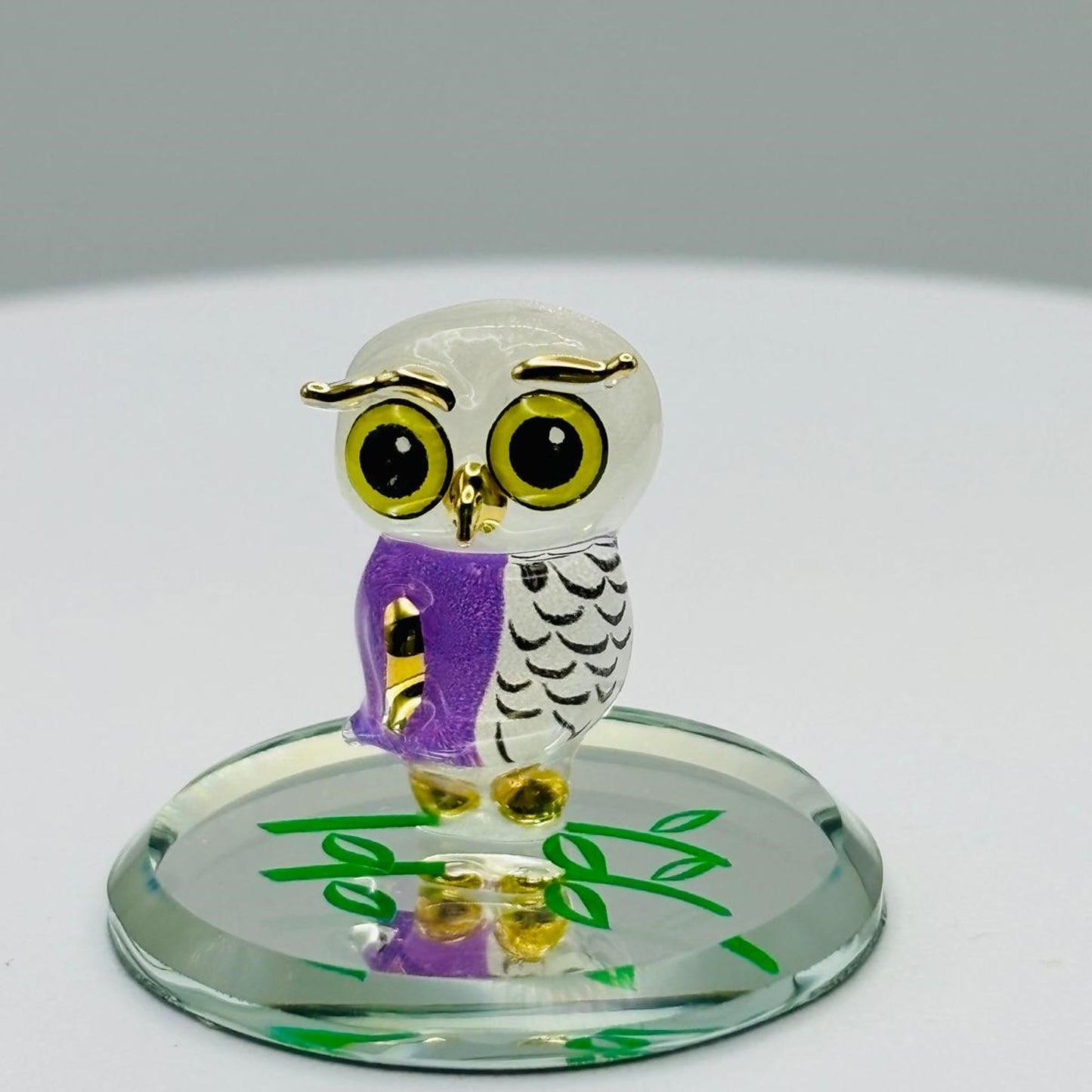Snowy Owl Glass Figurine on Mirror Base Mini Owl Decor