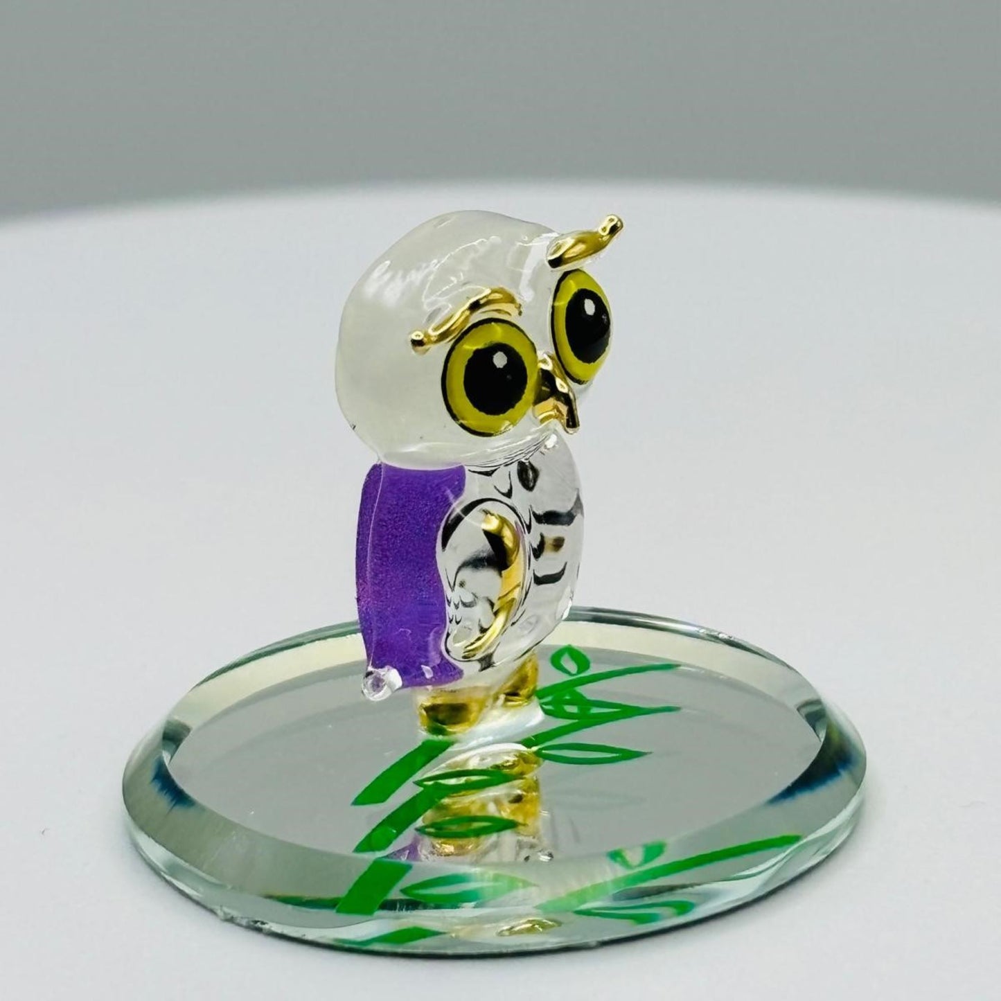 Snowy Owl Glass Figurine on Mirror Base Mini Owl Decor