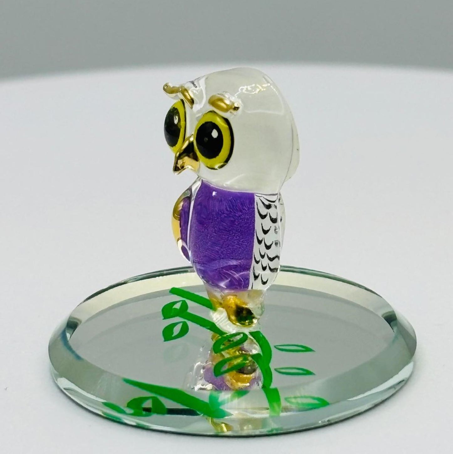 Snowy Owl Glass Figurine on Mirror Base Mini Owl Decor
