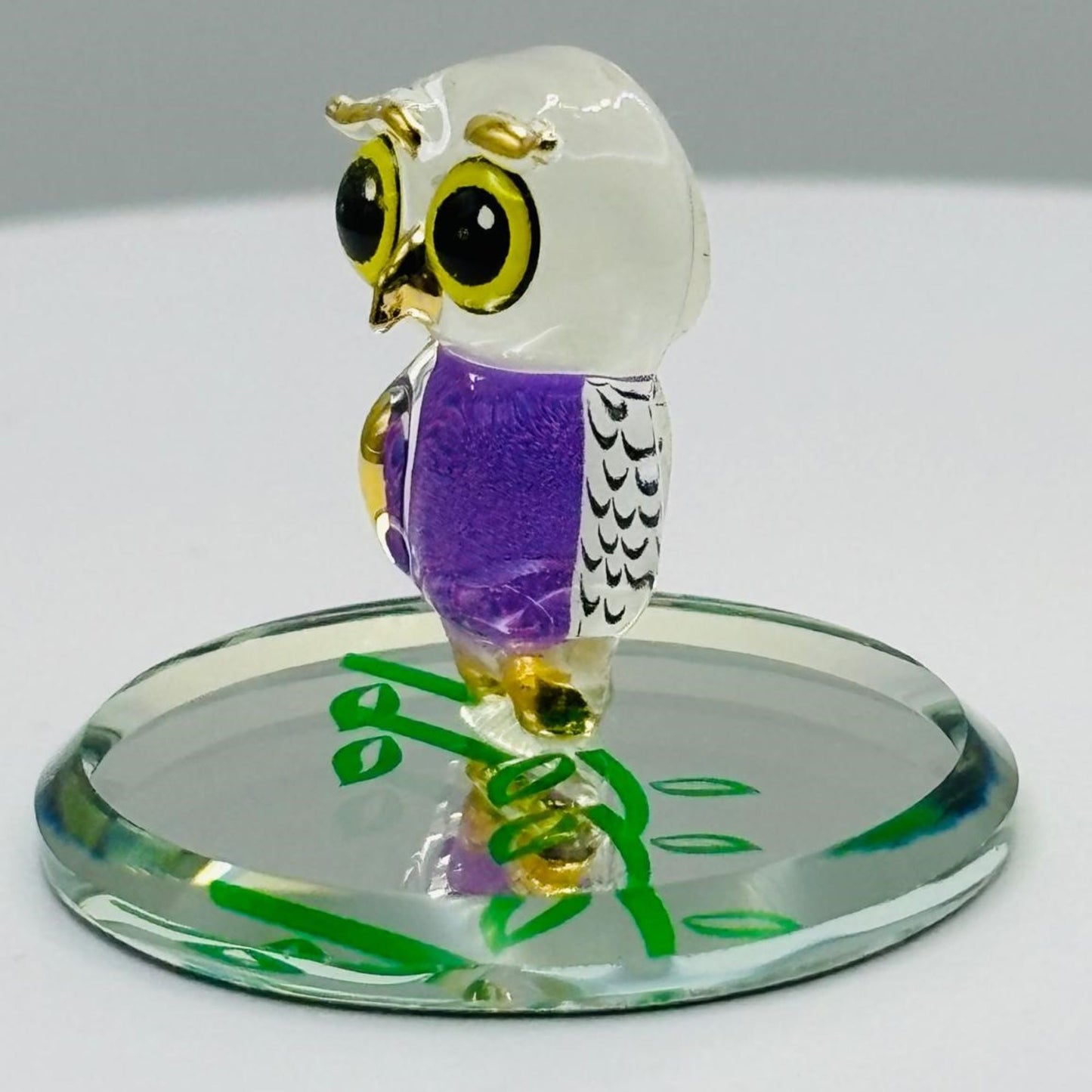 Snowy Owl Glass Figurine on Mirror Base Mini Owl Decor