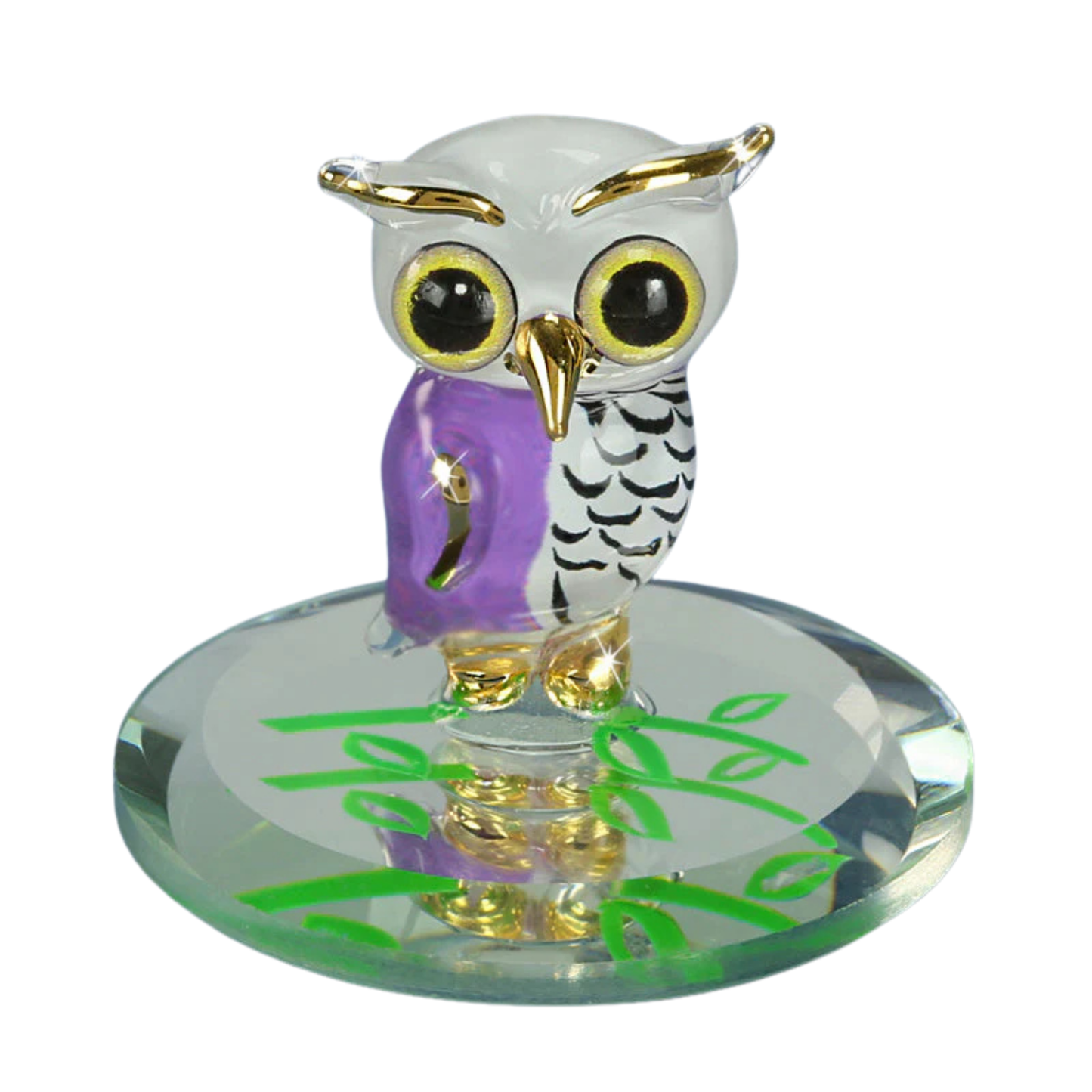 Snowy owl glass figurine on round mirror base