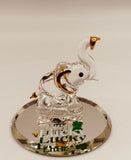 Handcrafted Lucky Elephant glass figurine with green crystal eyes on beveled mirror base